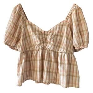 BP. Babydoll Top Plaid Sweetheart Neck Puff Sleeve Size XL
